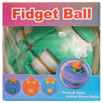 Fidget Ball toy in its retail packaging, featuring a green and white ball with a twist-and-press design, shown through a clear plastic window on a pink and blue box.