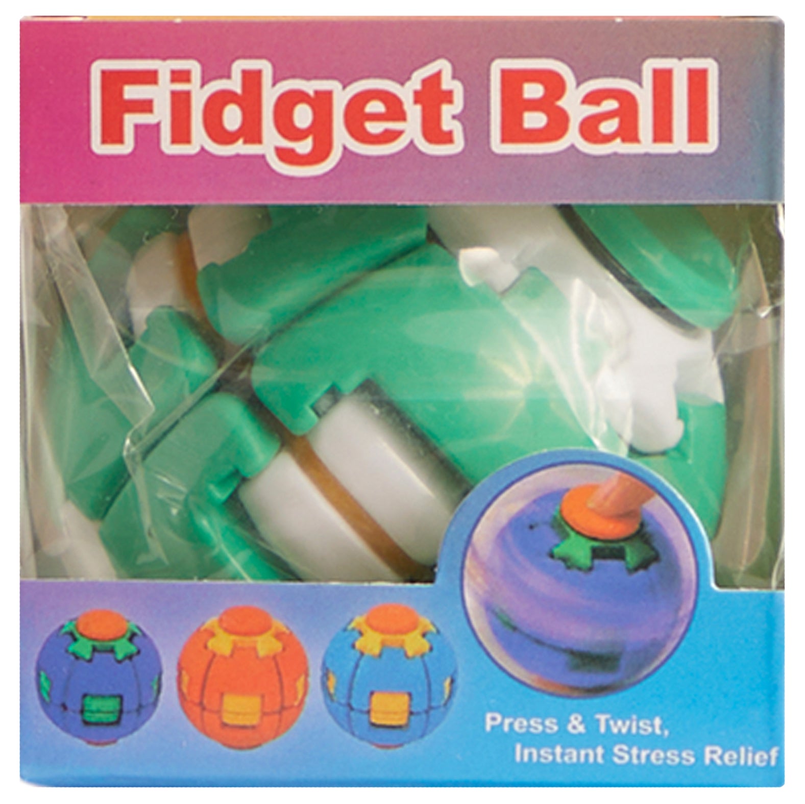 Fidget Ball toy in its retail packaging, featuring a green and white ball with a twist-and-press design, shown through a clear plastic window on a pink and blue box.