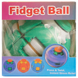 Fidget Ball toy in its retail packaging, featuring a green and white ball with a twist-and-press design, shown through a clear plastic window on a pink and blue box.