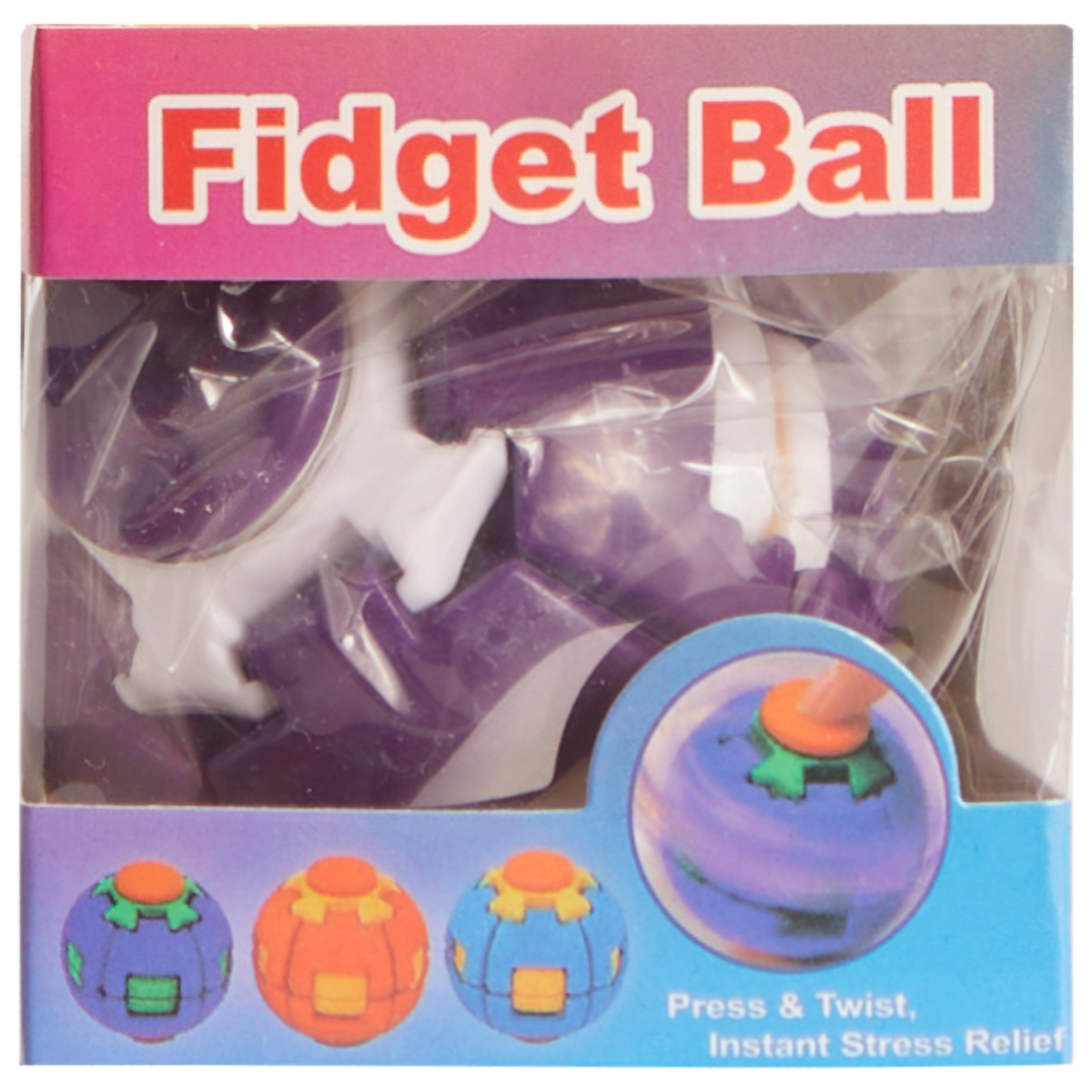 Fidget Ball toy in its original retail packaging, showing purple and white plastic balls inside a clear plastic bag with a pink and blue cardboard header.