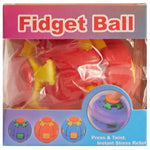 A boxed fidget ball toy set with a red and yellow ball visible through clear plastic packaging, plus printed product images on the front. The box has a pink-to-blue gradient background with the words 'Fidget Ball' in large red letters.