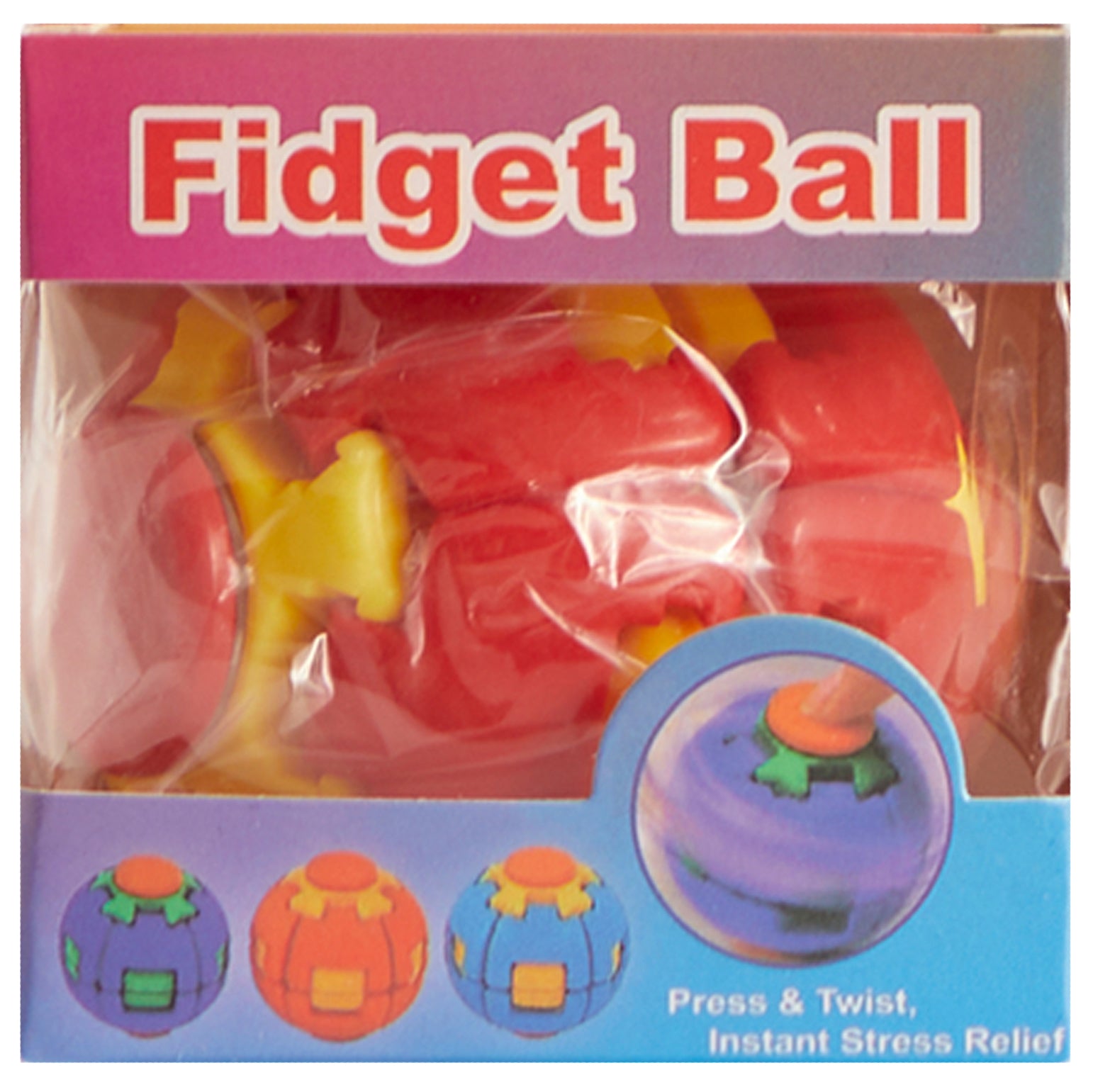 A boxed fidget ball toy set with a red and yellow ball visible through clear plastic packaging, plus printed product images on the front. The box has a pink-to-blue gradient background with the words 'Fidget Ball' in large red letters.