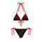 Black bikini set with red accents and floral pattern on a white background
