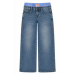 A pair of wide-leg blue denim jeans with a light blue elastic waistband and a small red embroidered logo patch at the front center.