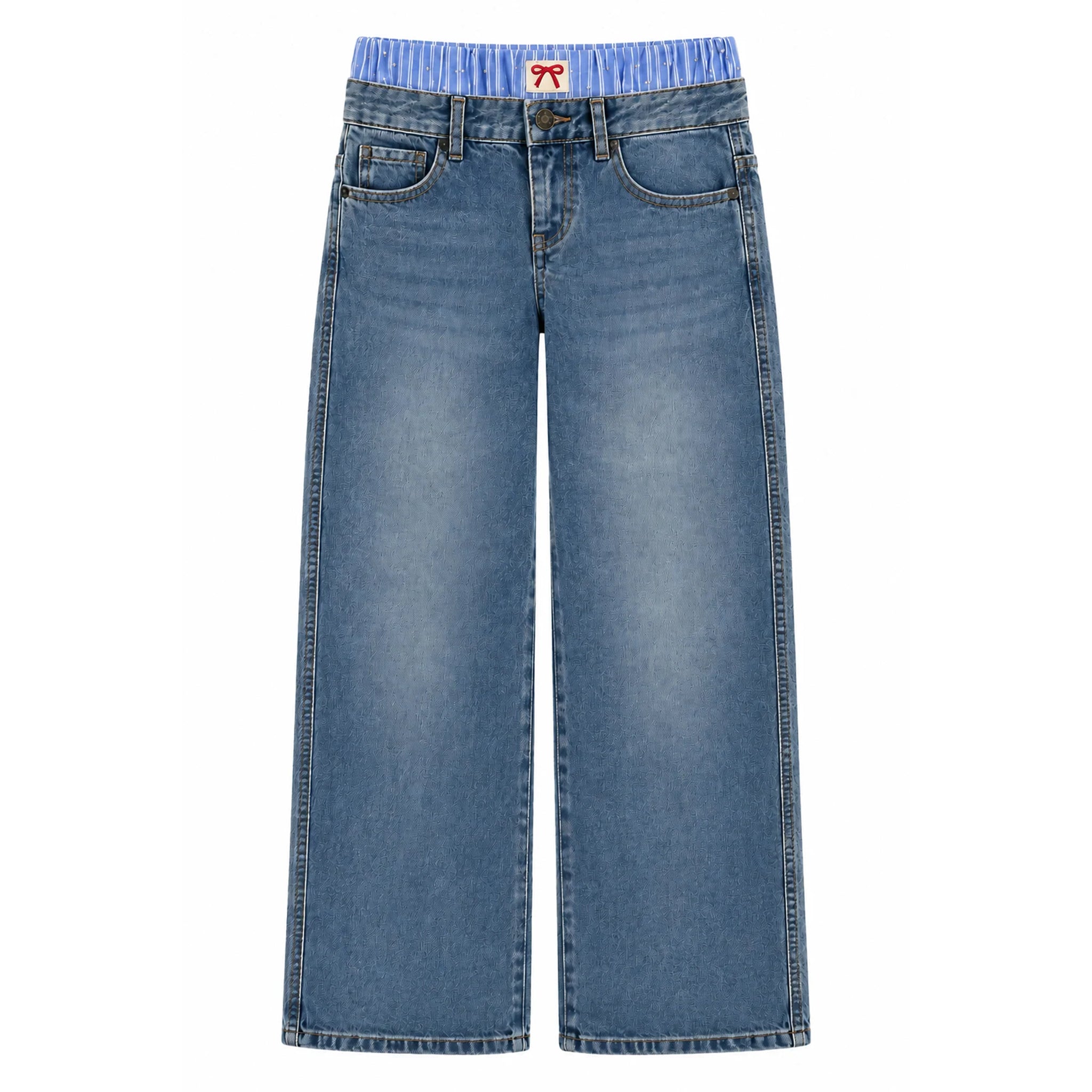 A pair of wide-leg blue denim jeans with a light blue elastic waistband and a small red embroidered logo patch at the front center.