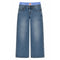 A pair of wide-leg blue denim jeans with a light blue elastic waistband and a small red embroidered logo patch at the front center.