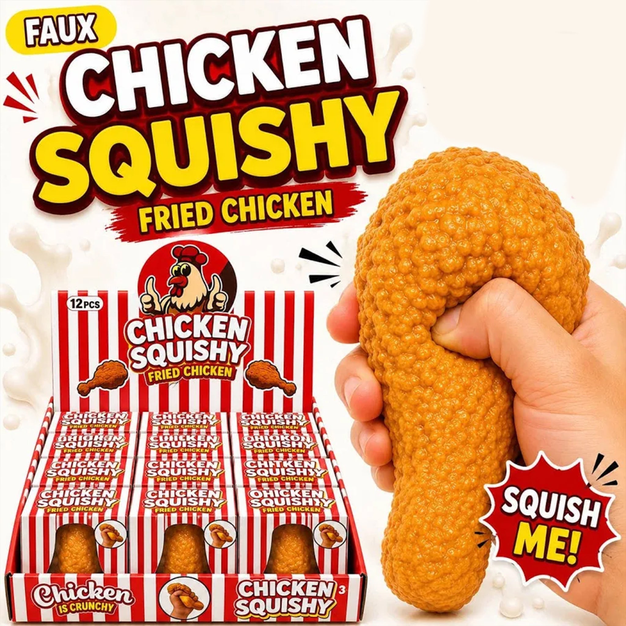 A hand squeezes a textured fried chicken-shaped novelty toy next to a red-and-white striped display box labeled 'Chicken Squishy Fried Chicken.' 