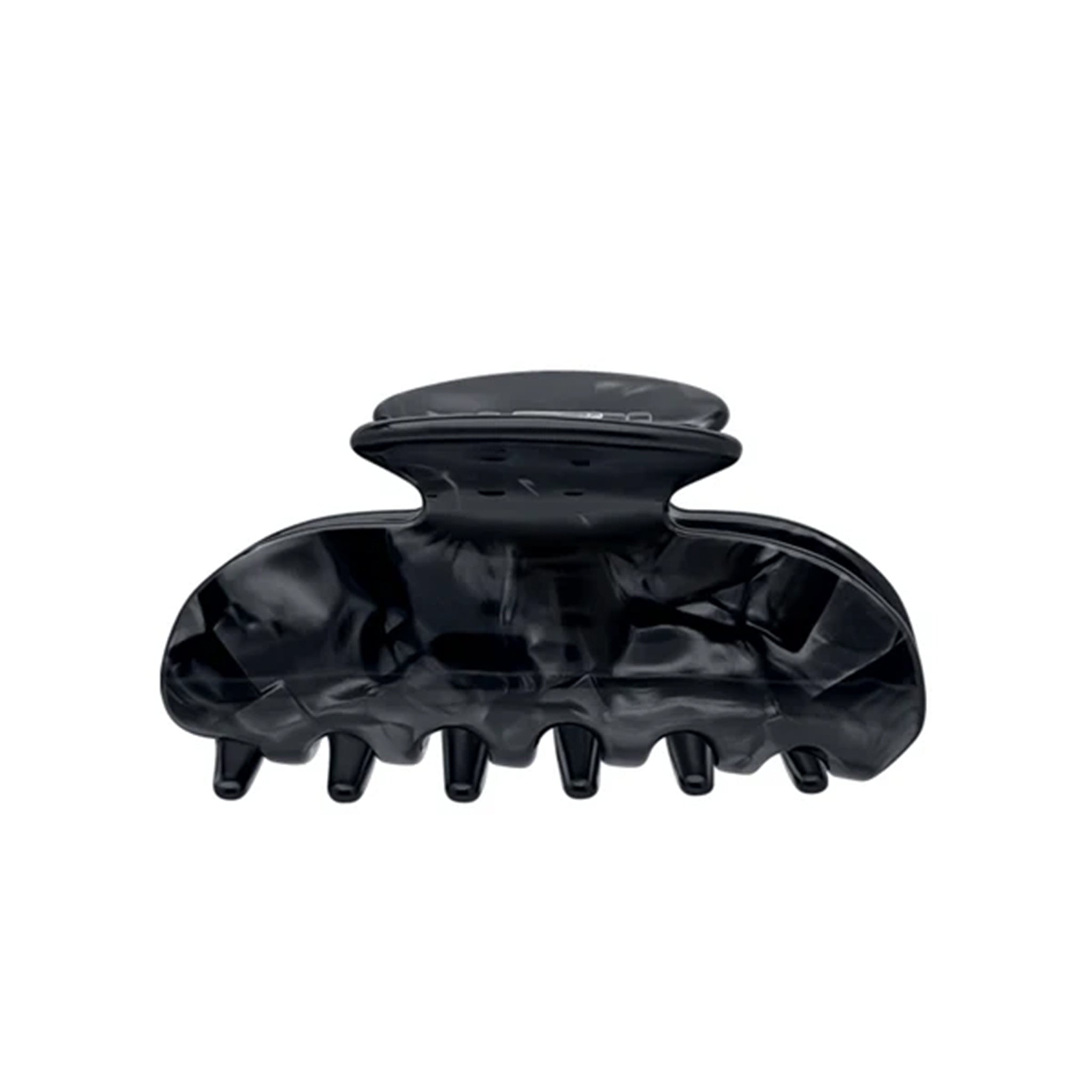 A glossy black hair claw clip shown against a plain white background.