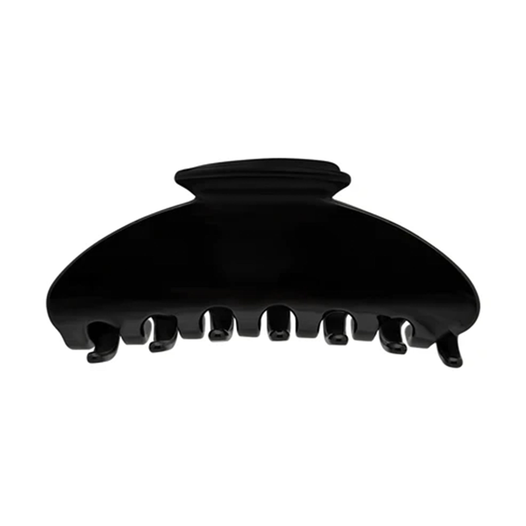 A glossy black hair claw clip shown from the side against a plain white background.