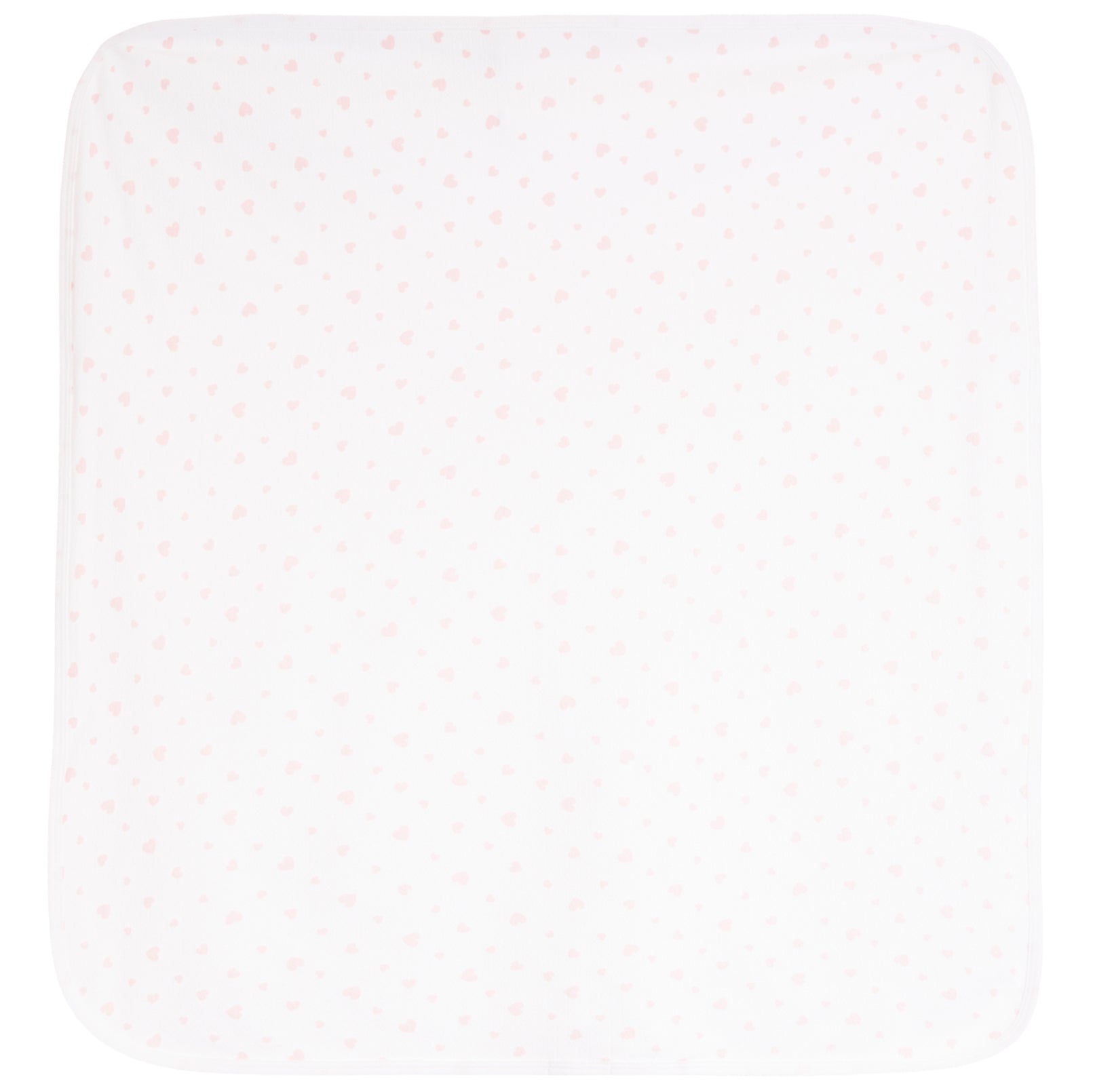 A square blankey, featuring a delicate pattern of tiny light pink hearts across the surface.