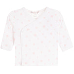 A white baby wrap shirt with a V-neck and short sleeves, featuring a delicate pattern of small pink hearts and a snap-button closure down the front.