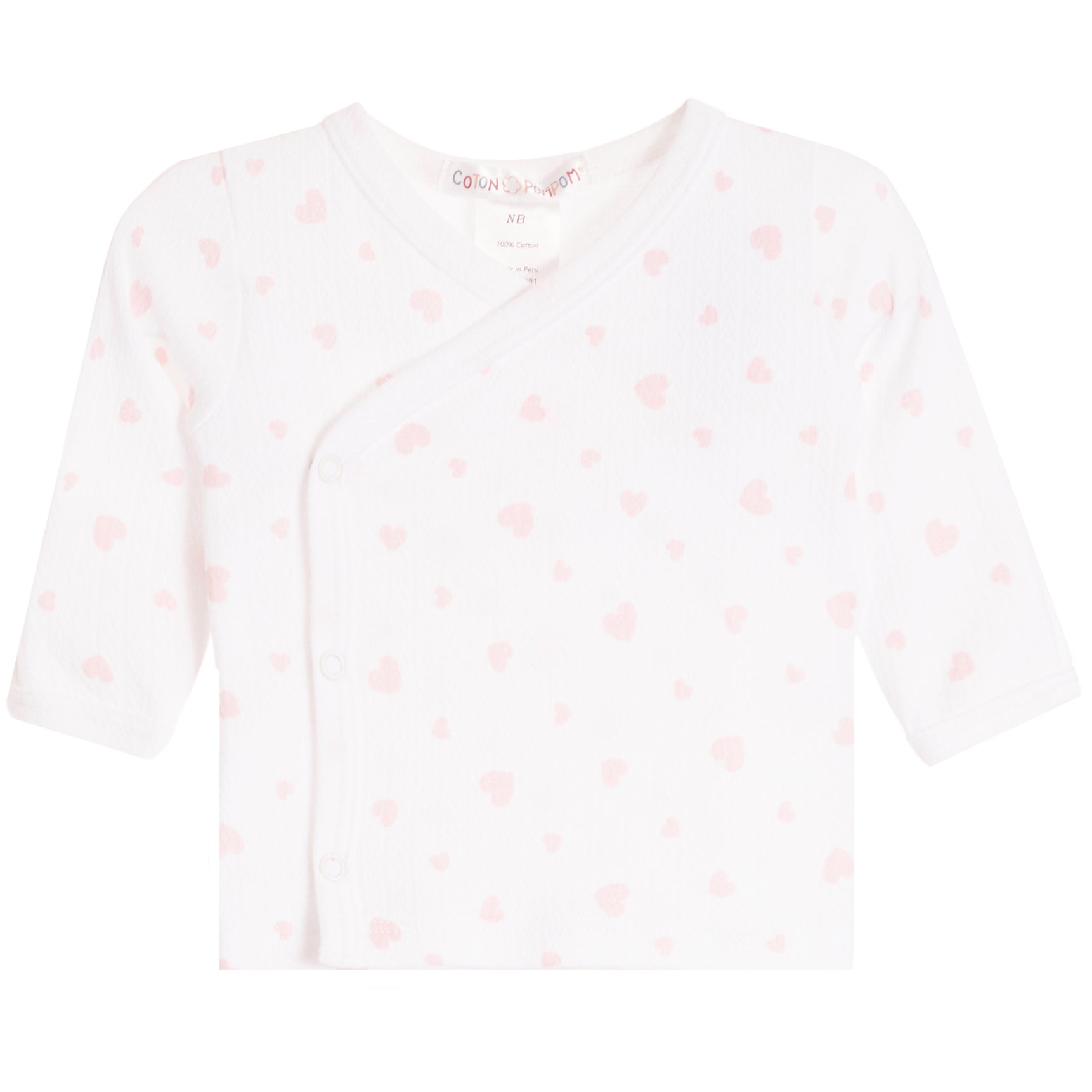 A white baby wrap shirt with a V-neck and short sleeves, featuring a delicate pattern of small pink hearts and a snap-button closure down the front.