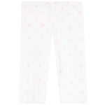 White leggings with a delicate pattern of small pink hearts, shown flat against a white background.