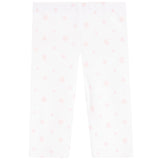 White leggings with a delicate pattern of small pink hearts, shown flat against a white background.