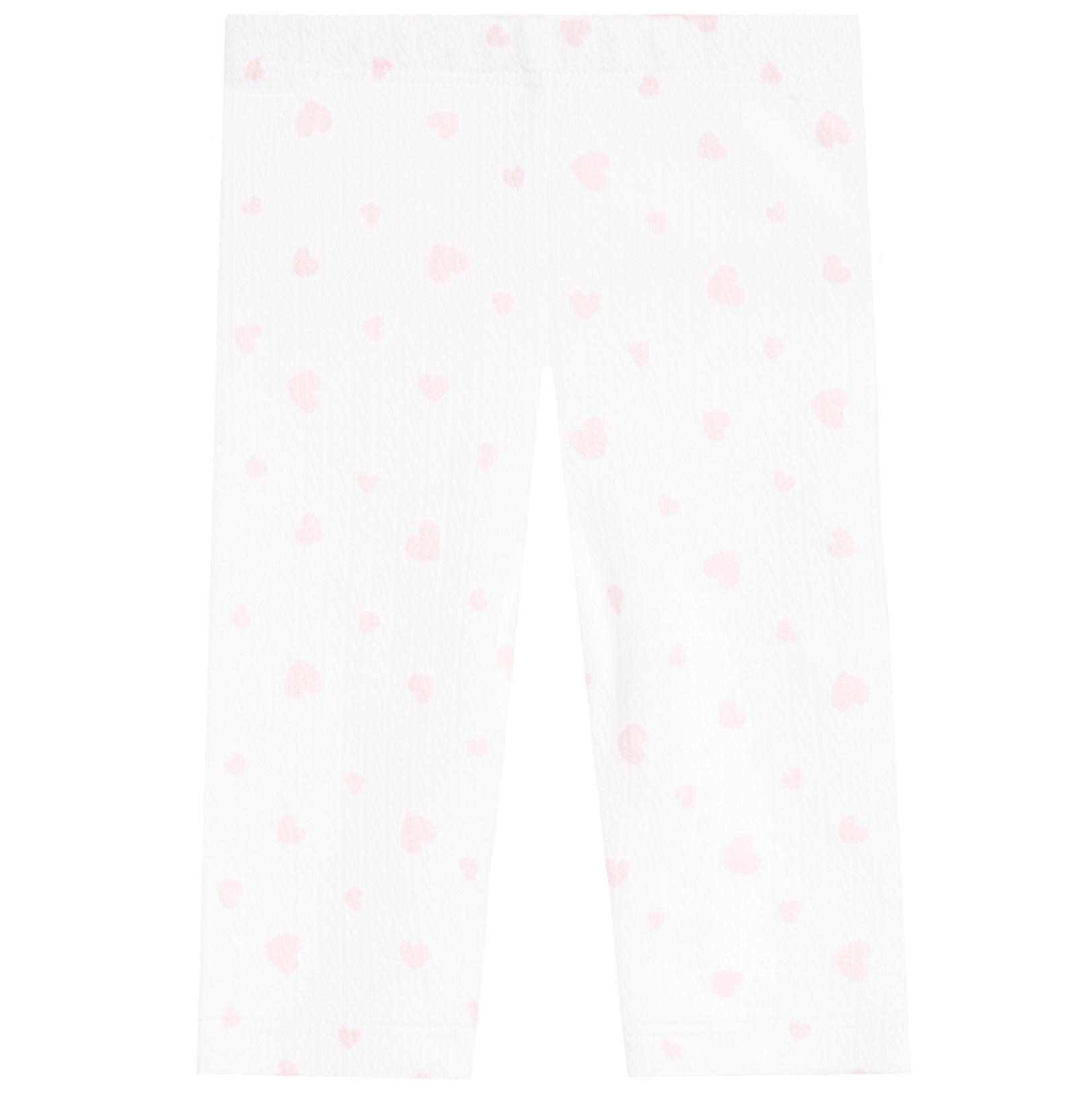 White leggings with a delicate pattern of small pink hearts, shown flat against a white background.