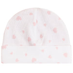 A white knit baby beanie hat with a soft pink heart pattern, featuring a folded cuff.