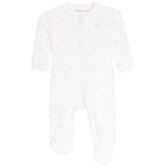 A white long-sleeve baby footed sleeper with a light pink hearts pattern and a front zipper, shown against a plain white background.