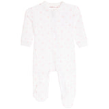A white long-sleeve baby footed sleeper with a light pink hearts pattern and a front zipper, shown against a plain white background.