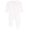 A white long-sleeve baby footed sleeper with a light pink hearts pattern and a front zipper, shown against a plain white background.