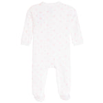 A white long-sleeve footed sleeper with a delicate light pink heart pattern, shown from the back on a solid white background.