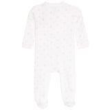 A white long-sleeve footed sleeper with a delicate light pink heart pattern, shown from the back on a solid white background.