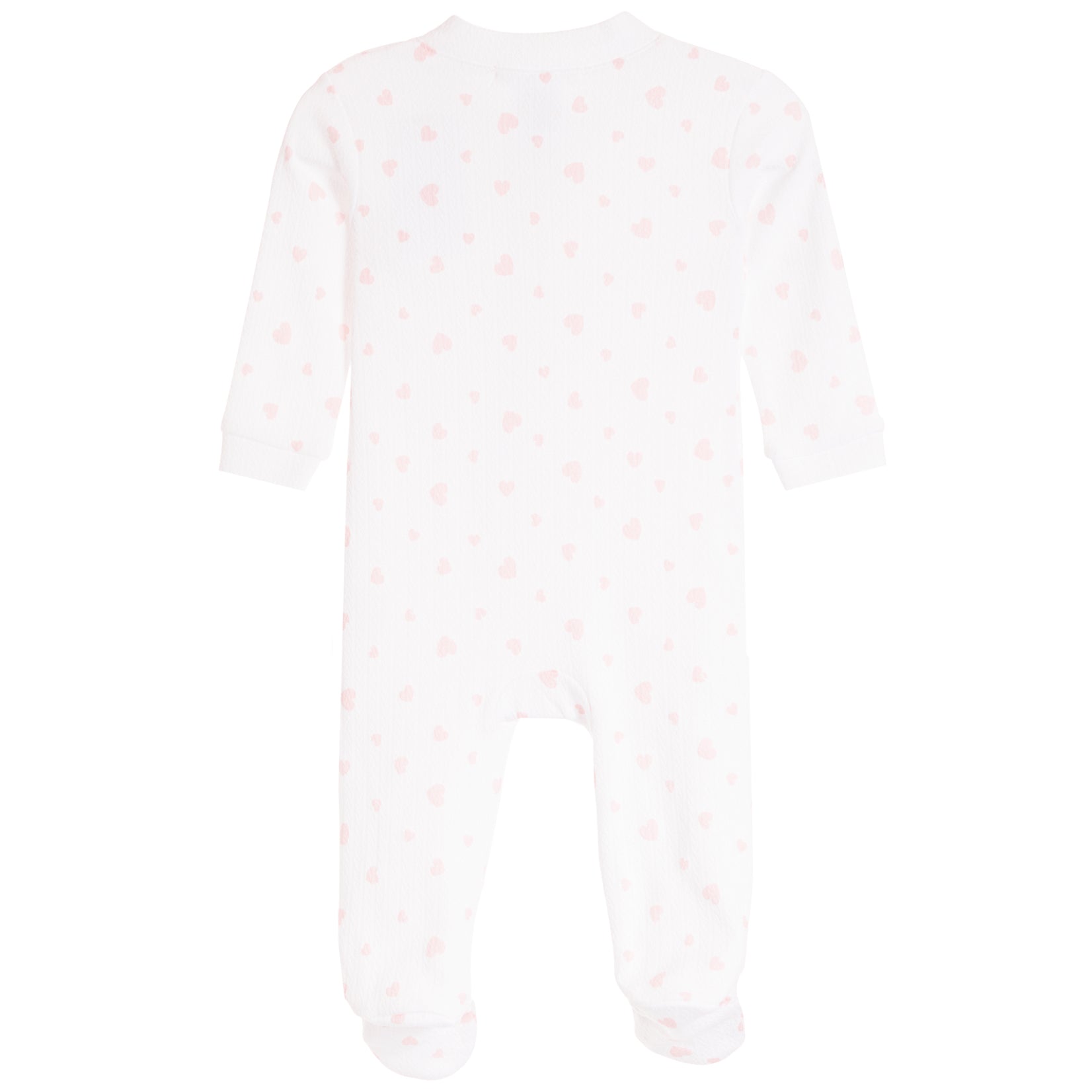 A white long-sleeve footed sleeper with a delicate light pink heart pattern, shown from the back on a solid white background.