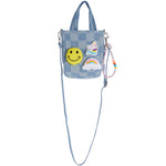 Checkered Denim Top Handle Bag with Beaded Keychain - Denny's