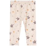 A pair of baby pants with an all-over star pattern on a light cream background. The stars are in various sizes and colors, including brown, orange, and light gray, with a matching elastic waistband.