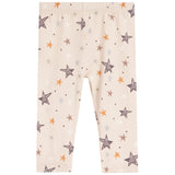 A pair of baby pants with an all-over star pattern on a light cream background. The stars are in various sizes and colors, including brown, orange, and light gray, with a matching elastic waistband.