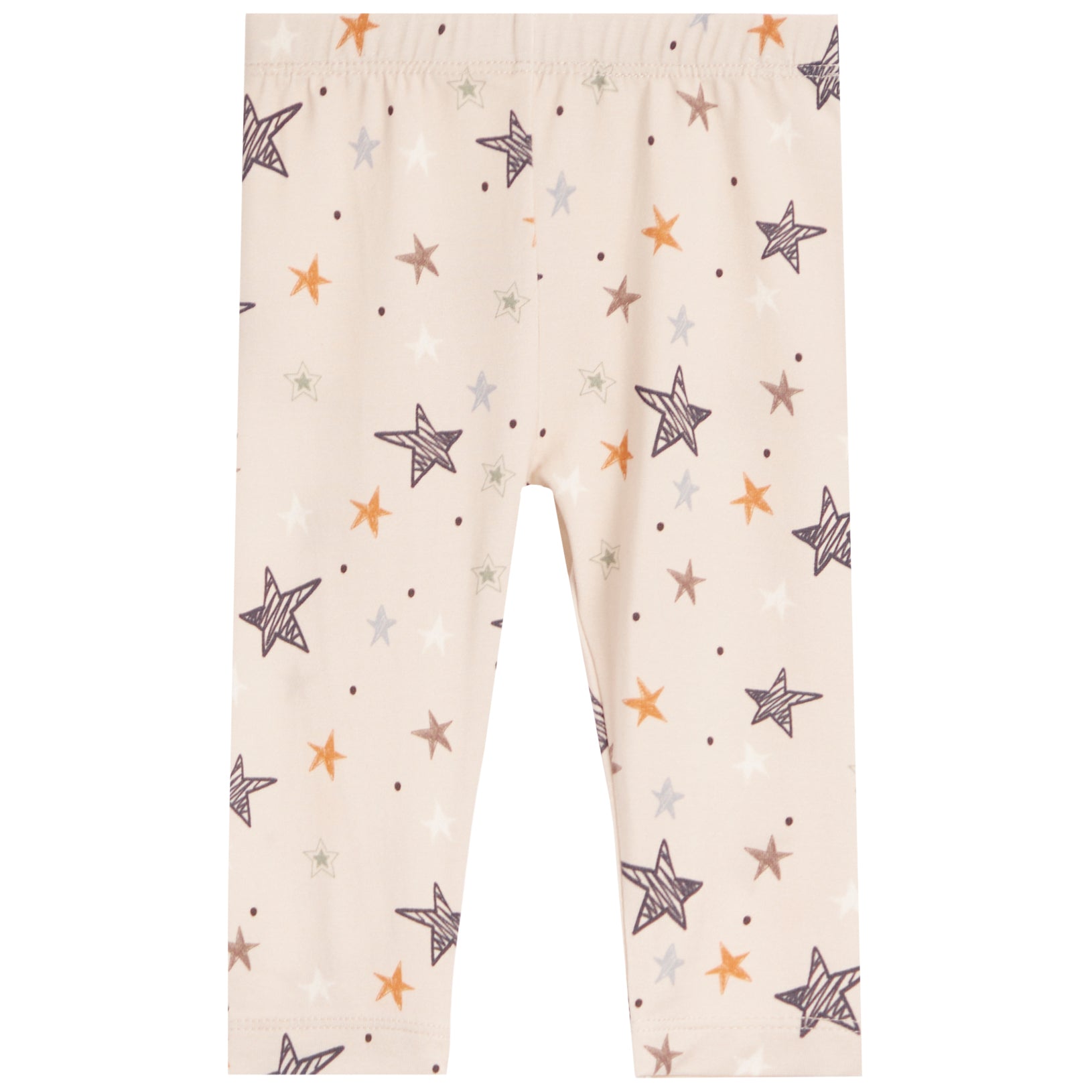 A pair of baby pants with an all-over star pattern on a light cream background. The stars are in various sizes and colors, including brown, orange, and light gray, with a matching elastic waistband.