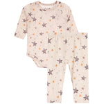A two-piece baby clothing set featuring a long-sleeve bodysuit and matching pants. The set is in a light cream/beige color with an all-over print of stars in brown, orange, and gray, along with small dots.