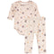 A two-piece baby clothing set featuring a long-sleeve bodysuit and matching pants. The set is in a light cream/beige color with an all-over print of stars in brown, orange, and gray, along with small dots.