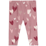 Pink pants with an all-over heart pattern in shades of red, pink, and white, shown flat against a white background.