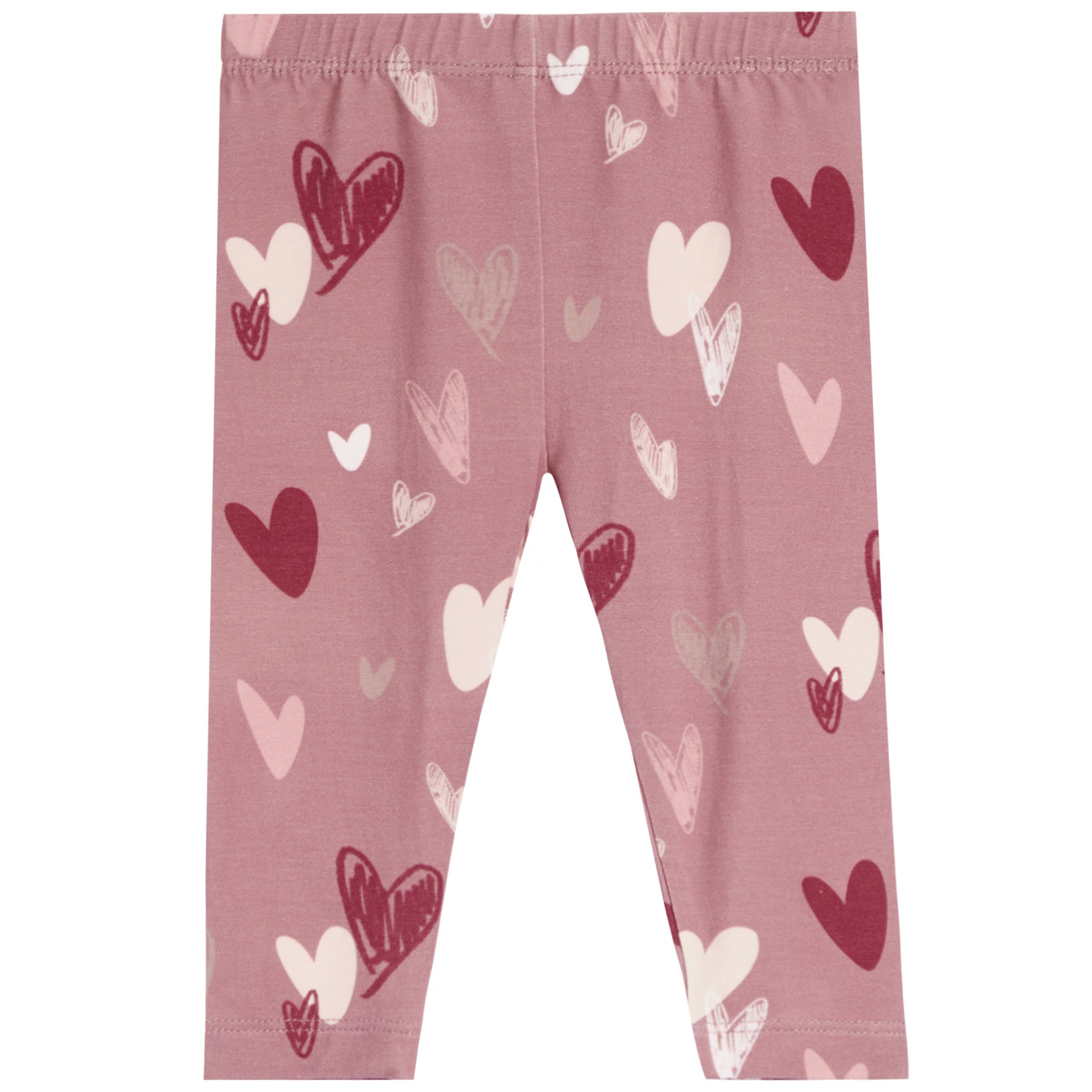 Pink pants with an all-over heart pattern in shades of red, pink, and white, shown flat against a white background.