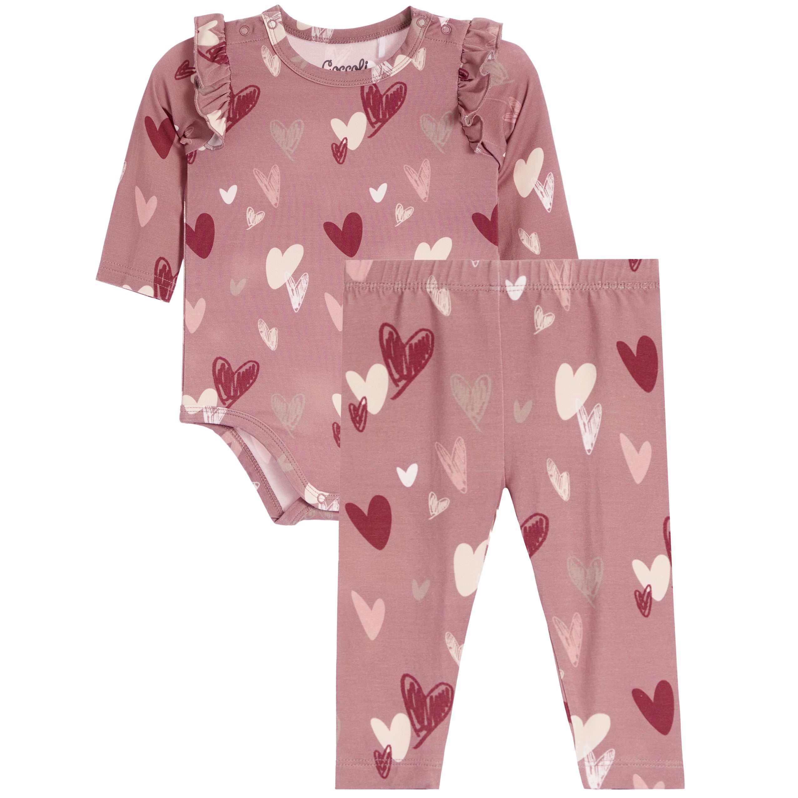 A two-piece baby girl's outfit set featuring a dusty rose long-sleeve bodysuit with ruffle details and an allover heart print, paired with matching pants.