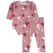 A two-piece baby girl's outfit set featuring a dusty rose long-sleeve bodysuit with ruffle details and an allover heart print, paired with matching pants.