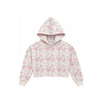 A cropped hooded sweatshirt with a pink and gray bow and floral print on a cream background, shown flat against a white background.