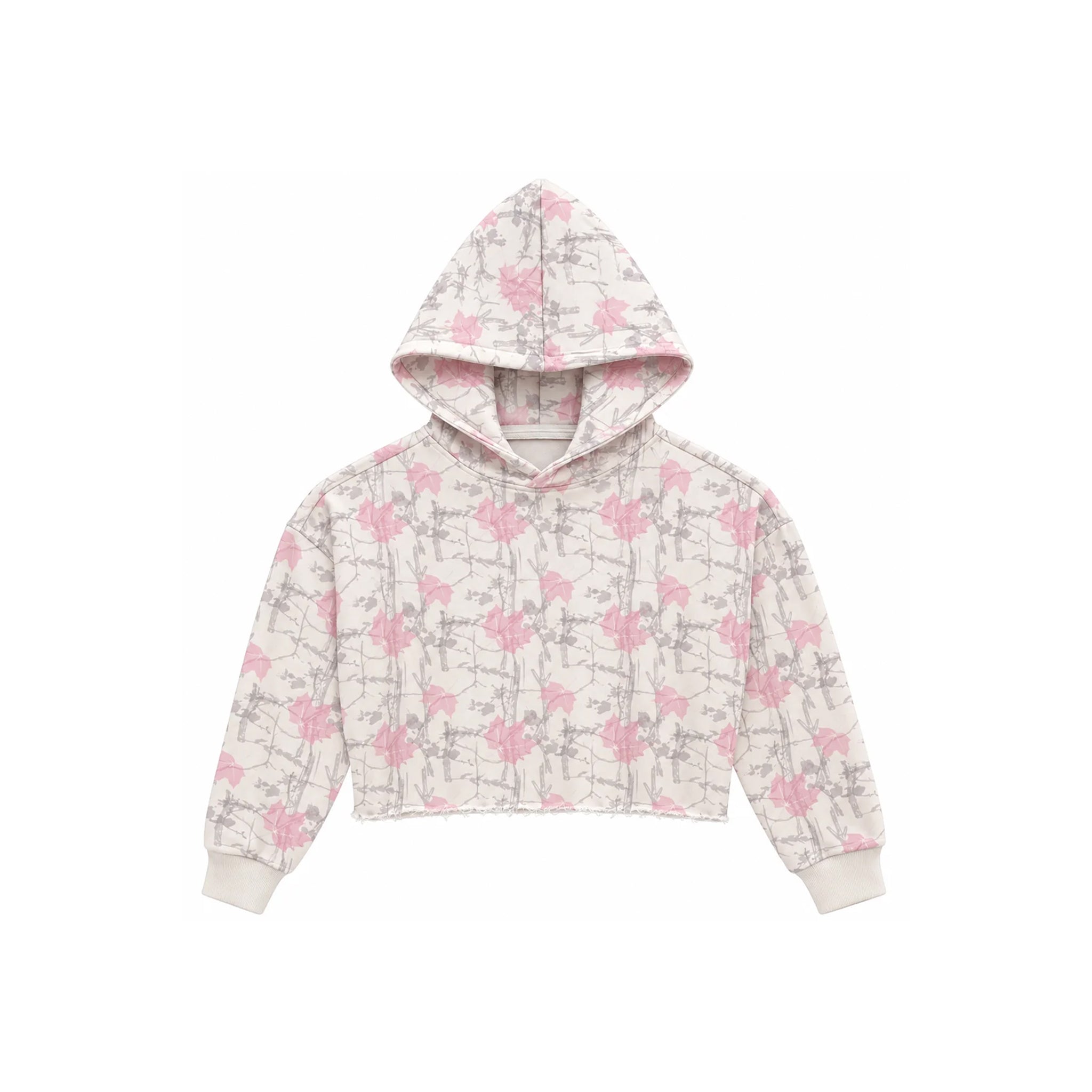 A cropped hooded sweatshirt with a pink and gray bow and floral print on a cream background, shown flat against a white background.