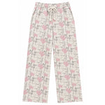 A pair of wide-leg pants featuring an all-over pink bow and gray branch pattern on a cream background, with a matching cream drawstring waistband.