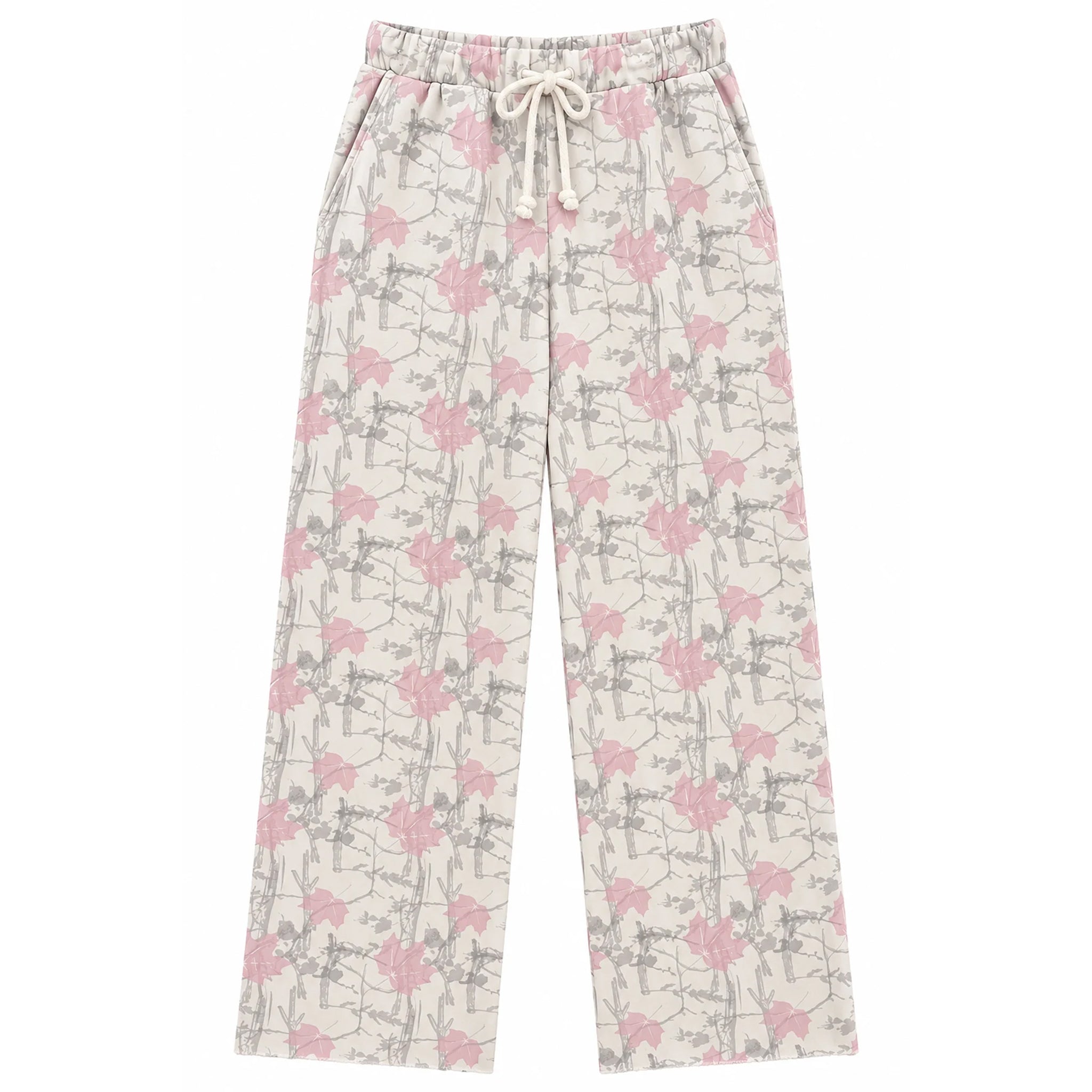 A pair of wide-leg pants featuring an all-over pink bow and gray branch pattern on a cream background, with a matching cream drawstring waistband.
