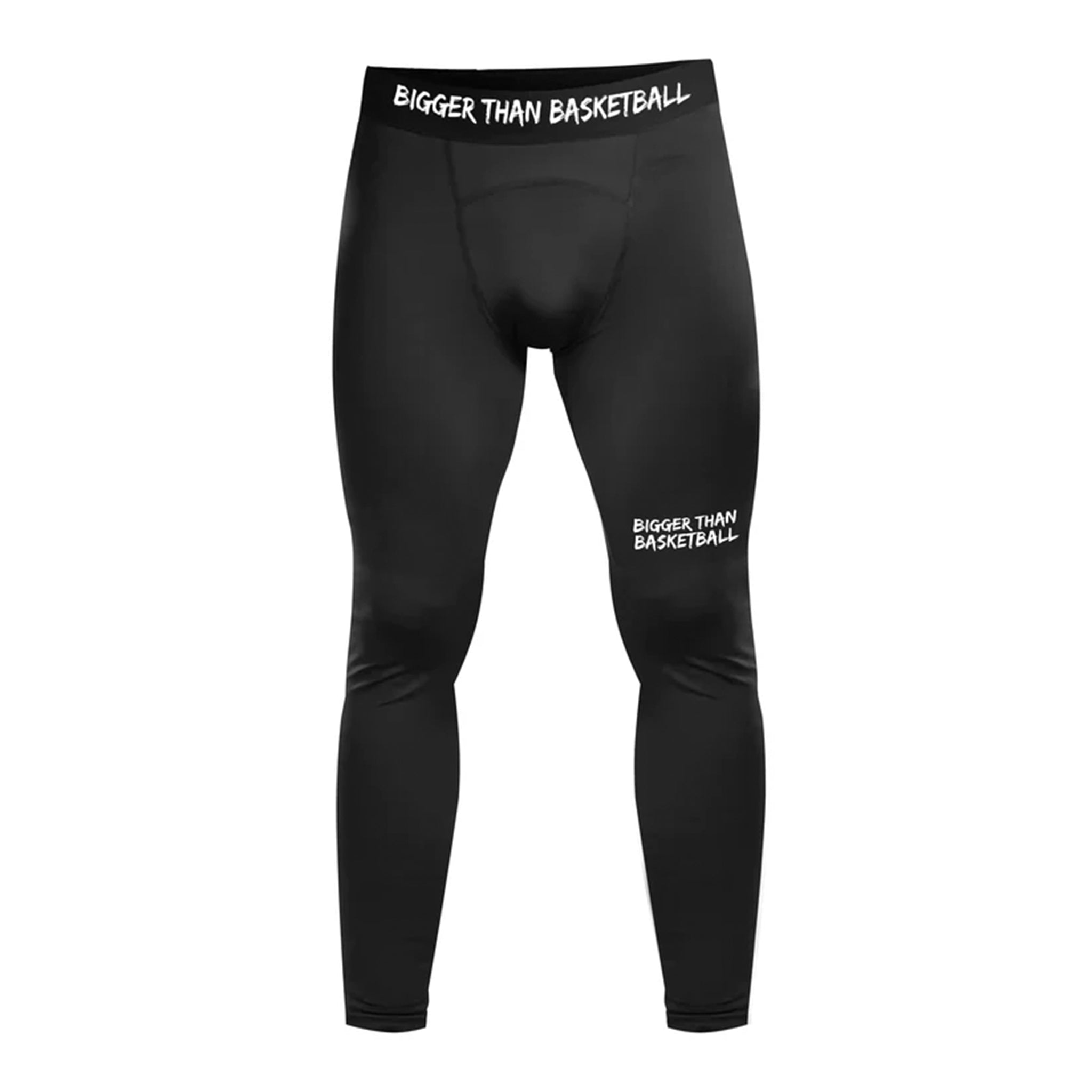 Black compression leggings with 'Bigger Than Basketball' branding on a white background