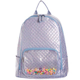 A metallic lavender quilted backpack with a clear front pocket filled with colorful beads, shown against a plain white background.