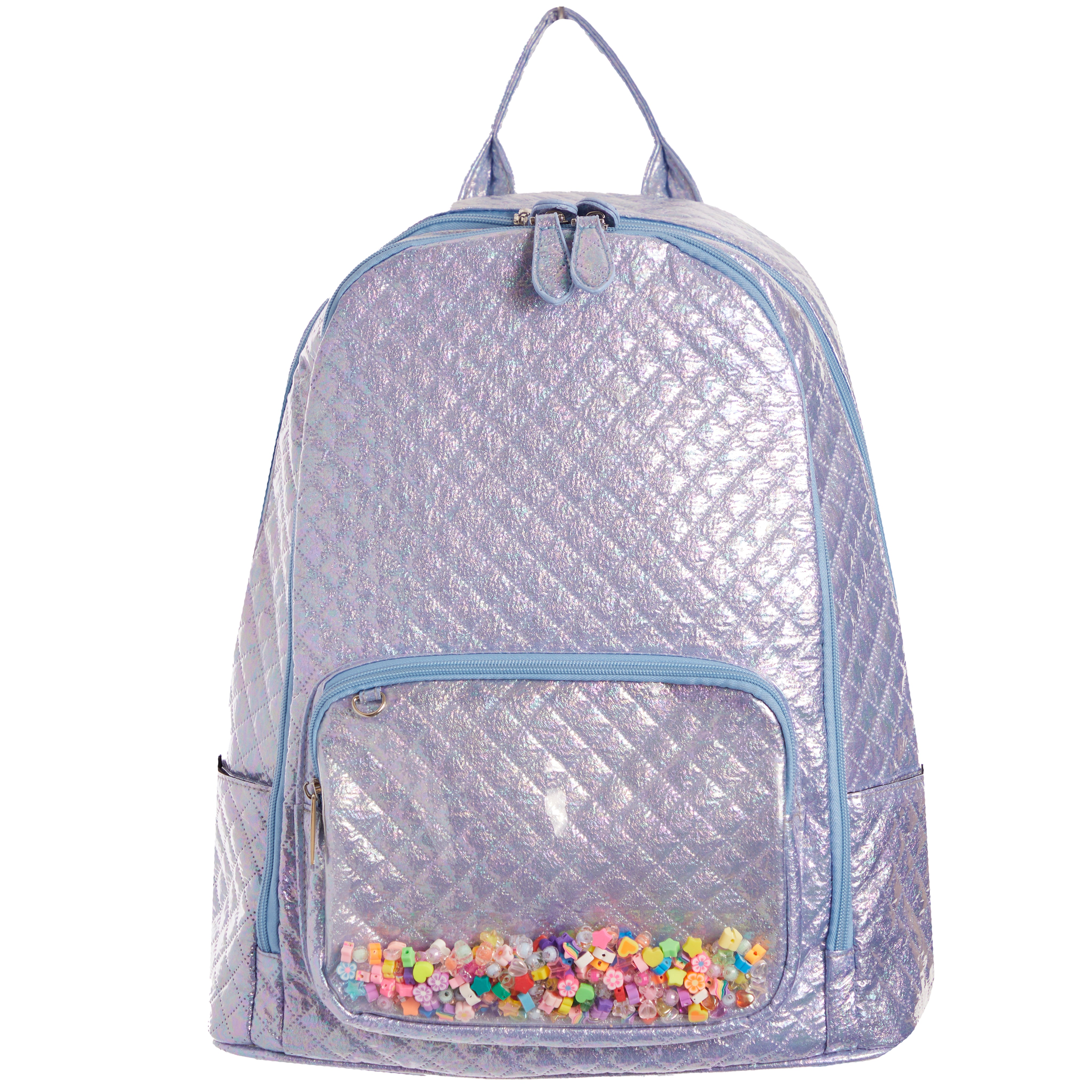 A metallic lavender quilted backpack with a clear front pocket filled with colorful beads, shown against a plain white background.