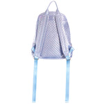 A lavender iridescent quilted backpack with matching light blue shoulder straps, shown from the back against a plain white background.