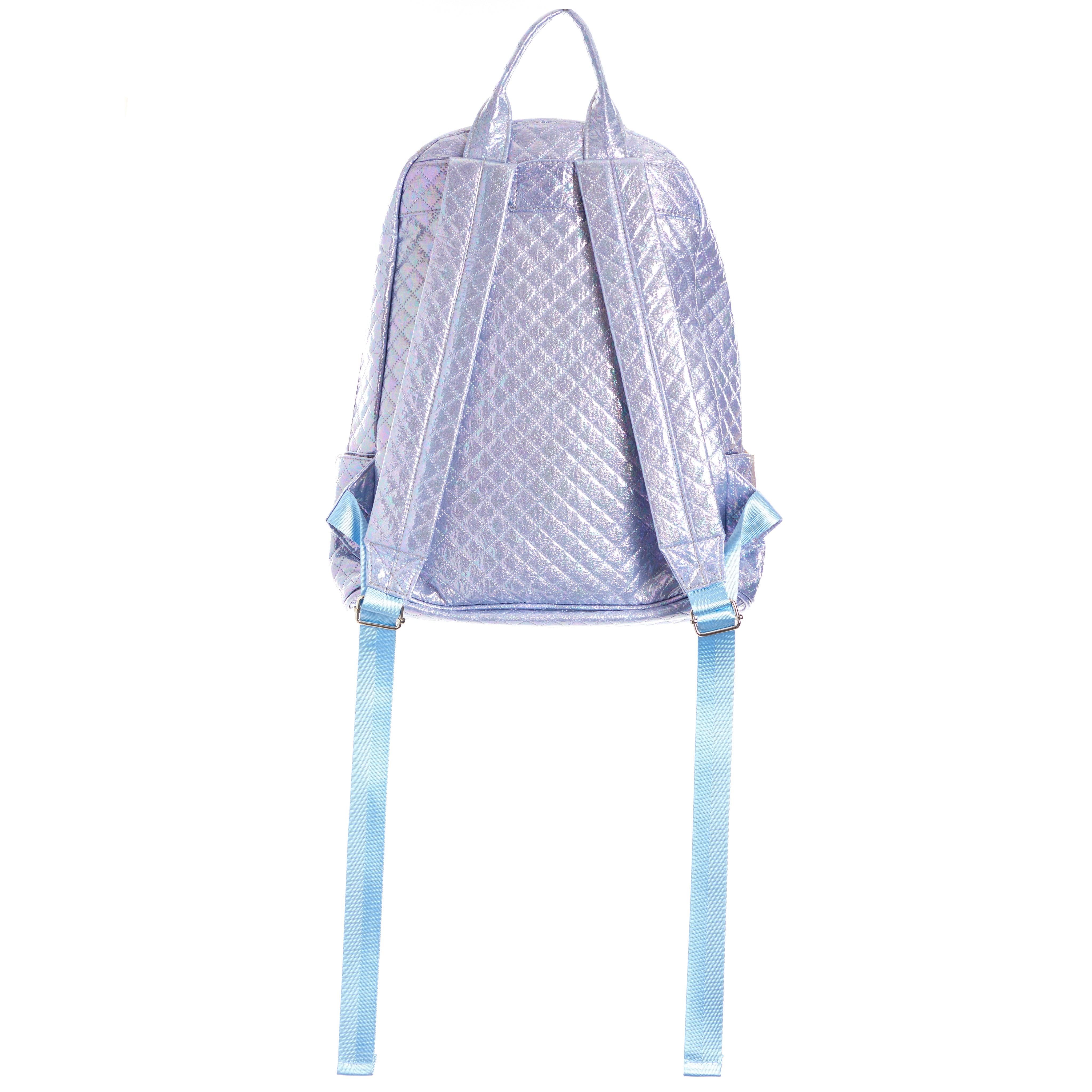 A lavender iridescent quilted backpack with matching light blue shoulder straps, shown from the back against a plain white background.