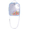 A small rectangular iridescent silver quilted crossbody bag with a top handle and a long adjustable strap, with beads under a plastic covering covering the whole front. 