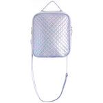 A small rectangular iridescent silver quilted crossbody bag with a top handle and a long adjustable strap, shown against a plain white background.