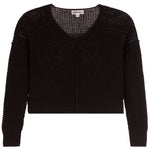 A black cropped knit cardigan with a V-neck and textured openwork pattern, shown flat on a white background.