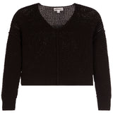 A black cropped knit cardigan with a V-neck and textured openwork pattern, shown flat on a white background.