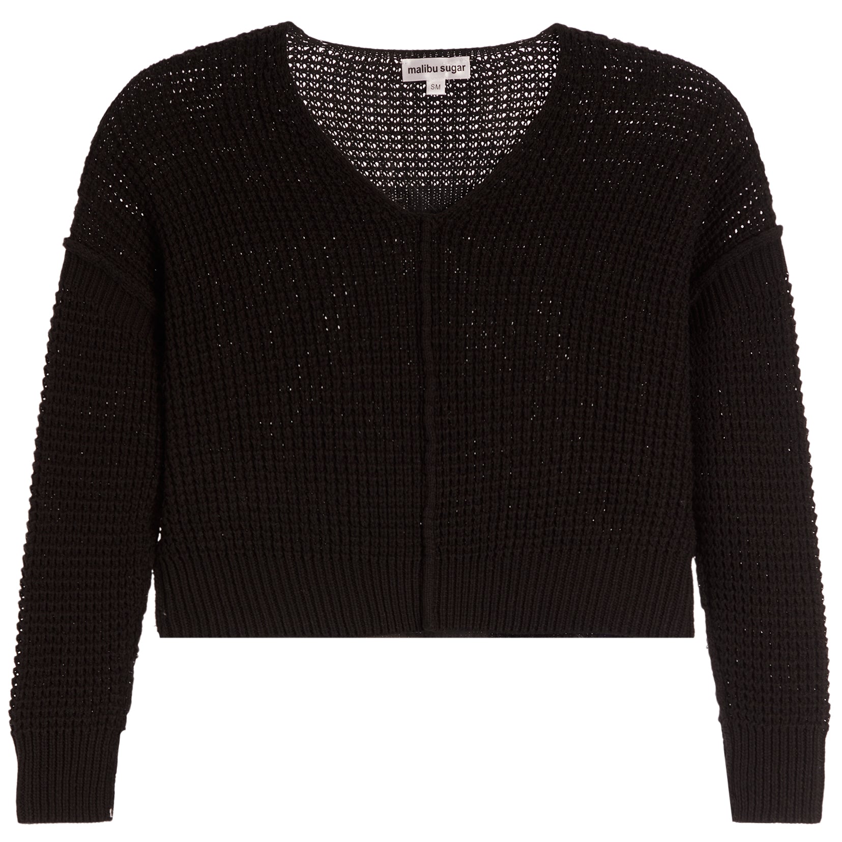 A black cropped knit cardigan with a V-neck and textured openwork pattern, shown flat on a white background.